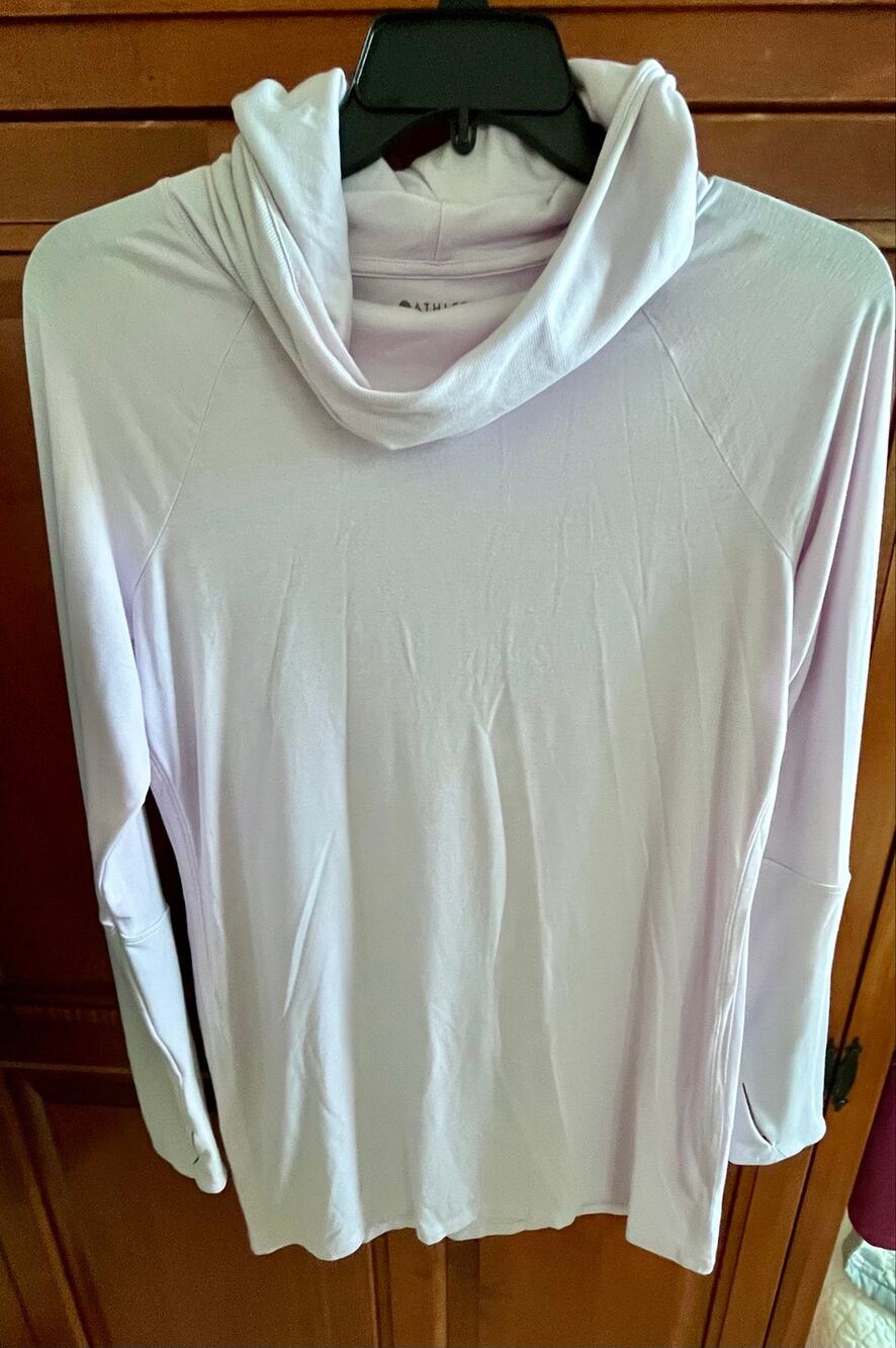 Athleta Essence Luxe Cowl Neck Hoodie Tunic Pale Pink Lavender Size L Thumbholes